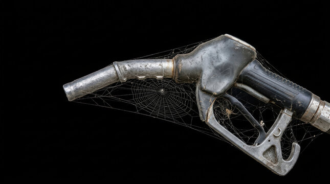 Old fuel nozzle covered with spider web symbolizing energy crisis and lack of use in black background