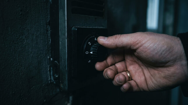 Adjusting energy control dial to manage power during crisis in dimly lit environment showing human hand and mechanical device