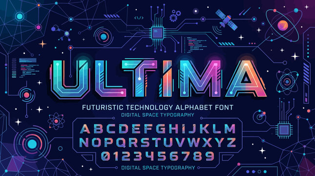 A futuristic digital alphabet font set with neon circuit board patterns