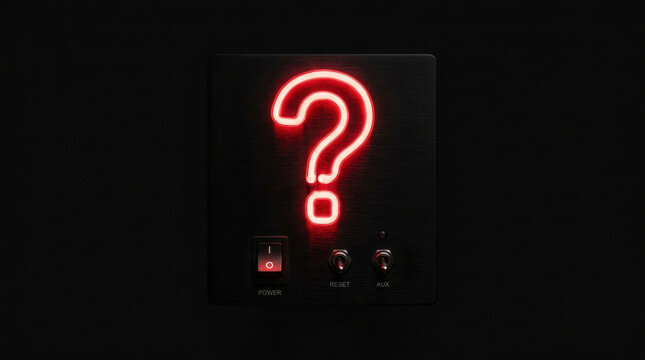 Neon question mark sign with power switch and buttons on black background symbolizing energy crisis and uncertainty in modern technology