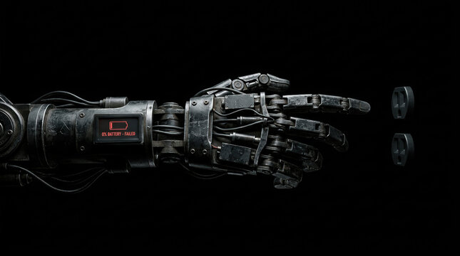 Robot arm with low battery warning showing energy crisis concept on black background
