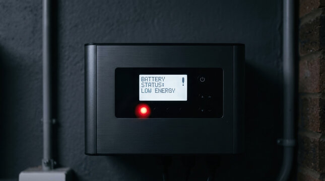 Battery status low energy red light control panel energy crisis power supply black device wall mounted technology electricity warning alert