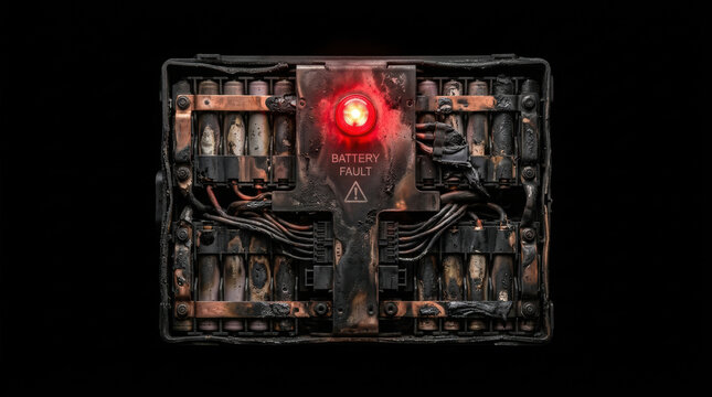 Battery fault warning light glowing on burnt electrical fuse box showing energy crisis risk and urgent repair need
