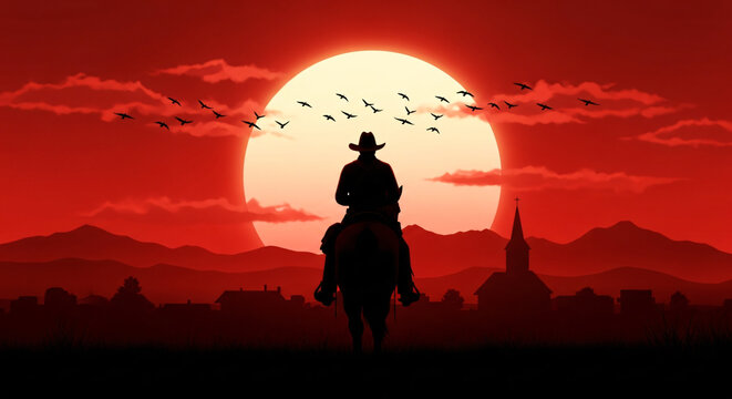 Silhouetted figure of a gunslinger stands against a massive red celestial body at twilight