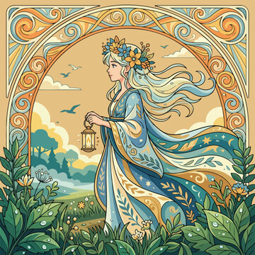 Art Nouveau style illustration of a young woman holding a lantern in a flowing dress.