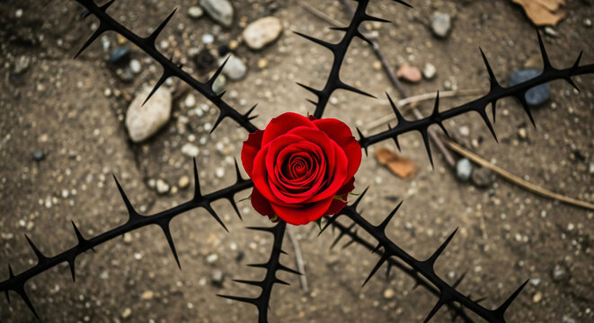Gothic arrangement of red roses with thorns and black ribbon.