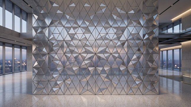 Modern chrome metal panels arranged in geometric patterns with sharp edges, creating a luxury architectural and industrial metallic background with a sleek contemporary style.