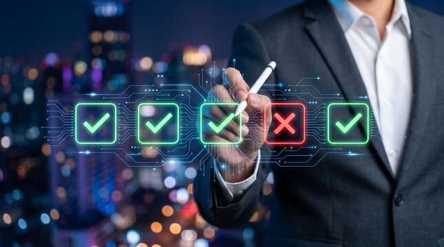 Business professional using a stylus to check boxes on a digital interface overlay depicting a software development lifecycle process against a blurred city skyline background