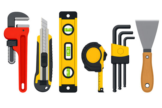Tool Collection: A set of assorted tools including a monkey wrench, utility knife, bubble level, tape measure, Allen wrench set, and putty knife, neatly arranged for a project.