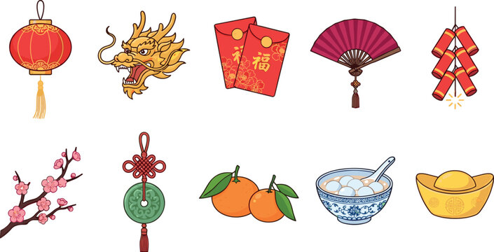 Chinese New Year traditional celebration elements collection featuring red lantern golden dragon head envelopes firecrackers sycee