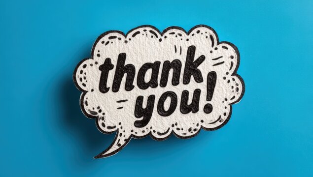 Speech bubble with handwritten text saying thank you on a blue background, showcasing a creative and artistic design suitable for greeting cards or social media posts