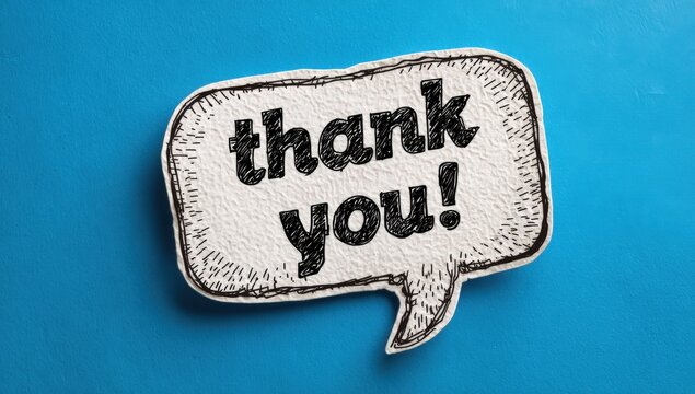 Speech bubble with handwritten text saying thank you on a bright blue background, emphasizing gratitude and appreciation in a creative design format