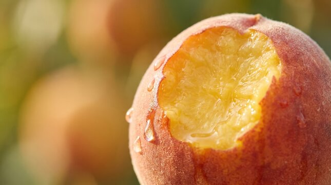 Close-Up of a Ripe Peach with Fresh Bite Mark and Juicy Texture