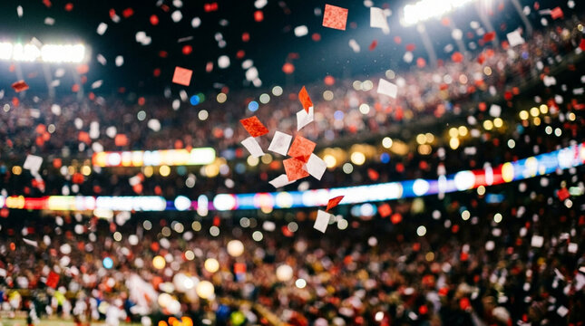 Red and white square confetti falling over a crowded stadium at night with stadium lights and blurry spectators in the background during a sporting event or victory celebration.