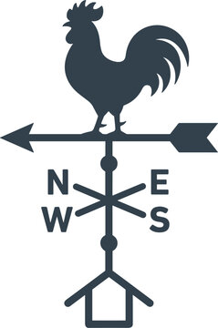 Traditional weather vane instrument featuring rooster figure and direction arrow pointing cardinal compass indicators on rooftop