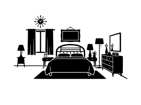 Modern bedroom interior silhouette vector with bed dresser and nightstands