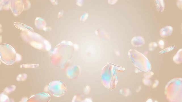 Ultra realistic mother of pearl micro flakes drift through soft ivory light with iridescent blush, aqua and champagne tones, creating a premium beauty background with elegant copy space.