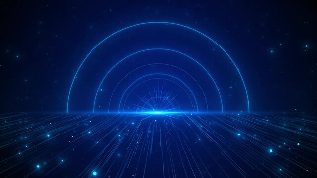 Blue futuristic arc background glowing semicircle rings, star particles, radial light lines, deep space depth. technology , science intros, digital openers, data visuals, virtual stages, motion