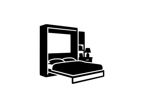 Modern Murphy bed silhouette icon with side shelves and lamp