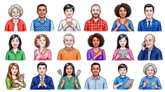 Diverse people avatars grid illustration, hand drawn colored pencil style character portraits set on black background
