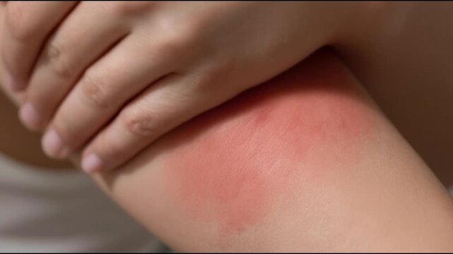 Sensitive skin allergic concept, Woman itching on her arm have a red rash from allergy symptom and from scratching