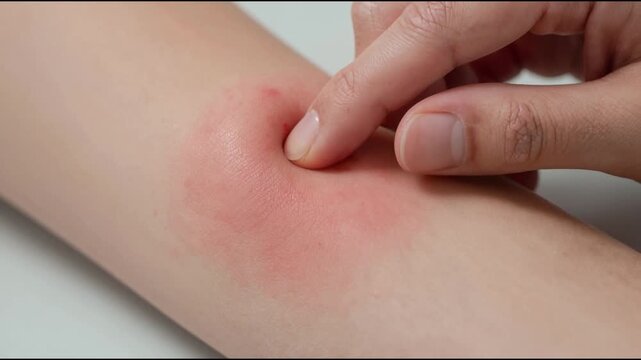 Sensitive skin allergic concept, Woman itching on her arm have a red rash from allergy symptom and from scratching