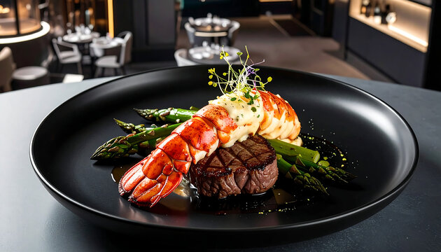 Premium Surf and Turf Dish with Grilled Filet Mignon and Juicy Lobster Garnish