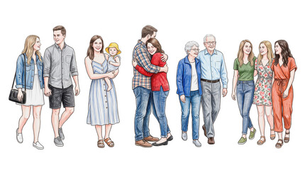Fototapeta premium Collection of diverse people groups and families, hand drawn colored pencil illustration of couples, friends, and multi generational families
