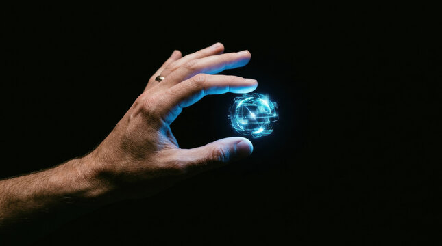 Energy crisis hand globe technology digital connection network light futuristic innovation communication human sphere blue dark concept science