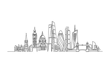 Fototapeta premium Continuous line drawing of the London city skyline featuring iconic landmarks.