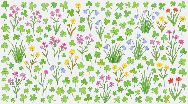 Seamless pattern of hand drawn wildflowers and green clover leaves on light background