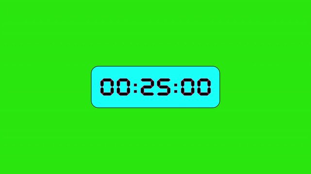 Digital countdown timer counting down from 30 minutes to 30 seconds on a green screen background for chroma keying and alpha channel transparency in video editing