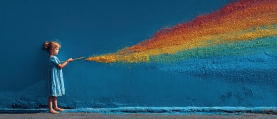Fototapeta premium Young girl in blue dress painting a colorful rainbow on a blue wall with a paintbrush, showcasing creativity and artistic expression in an urban setting