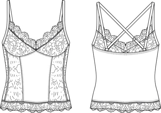 Sensual technical sketch of women camisole top featuring intricate floral lace panels, scalloped neckline trim, and criss cross back straps for intimate apparel flat vector illustration