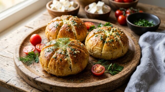 Garlic Bread Buns with Herbs and Wooden Platter Food Photography