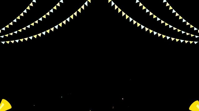 Colorful party bunting confetti background triangle flags, black empty space, scattered festive pieces. birthday celebration titles, event invitations, kids party intros, festival promos, overlays.