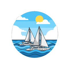 Naklejka premium Two sailboats navigate across the blue ocean under a bright yellow sun