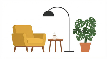 Fototapeta premium Flat design boho living room furniture vector set with yellow lounge chair lamp and potted monstera