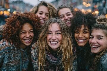 Obraz premium Group of six young women with diverse hairstyles and expressions posing together outdoors in a lively urban setting with blurred lights in the background