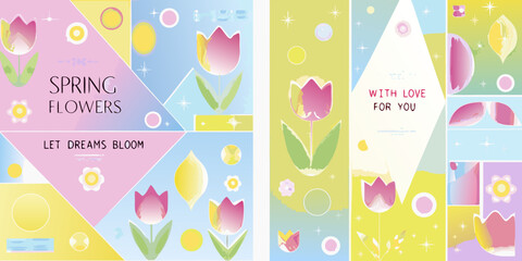 spring flowers posters with soft pastel colors and geometric shapes gradients tulips daisies vector illustration seasonal nature romantic love greeting © Debashis