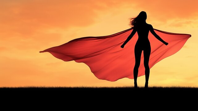 Silhouette of a Woman in a Red Cape at Sunset