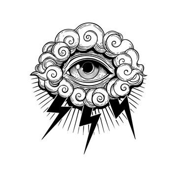 Eye in storm. Swirling clouds with lightning bolts. White background
