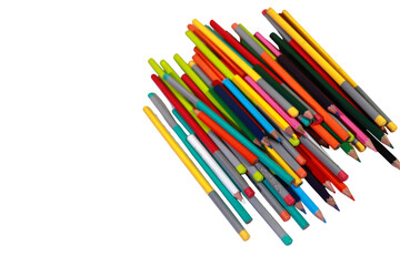Fototapeta premium Vibrant wooden colored pencils are scattered randomly across a stark white background creating a colorful artistic mess of drawing tools.