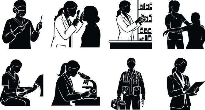 Medical professions and healthcare workers silhouette collection featuring doctor nurse pharmacist surgeon and laboratory scientist vector