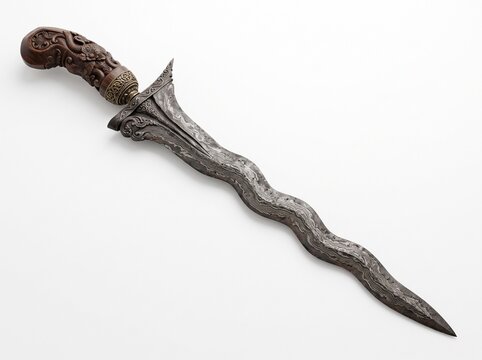 Traditional Indonesian Keris Dagger with Wavy Blade and Ornate Carved Wooden Handle