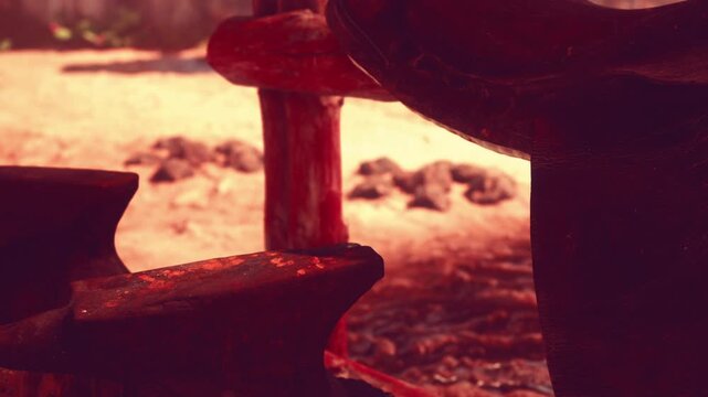Wooden logs and a flat stone surface are seen near a cooking spot in the woods. Sunlight shines on the logs. The setting appears warm and dry.