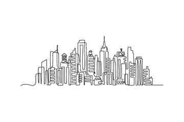 Obraz premium A continuous line drawing of a modern city skyline with various skyscrapers.