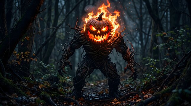 Fiery Jack O' Lantern Monster with Glowing Eyes Lurking in Dark Forest at Night