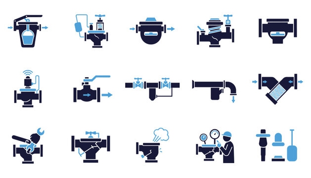 Plumbing valve and pipe fitting icons set of industrial water flow control and repair work.
