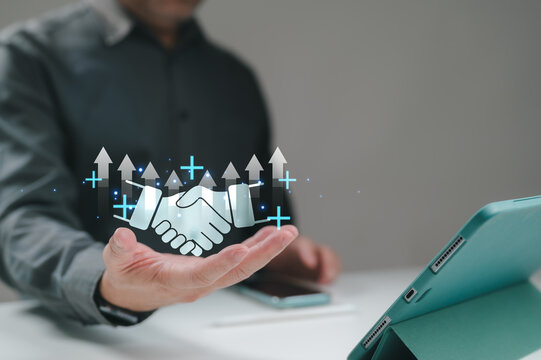 Business partnership and growth with virtual handshake icon